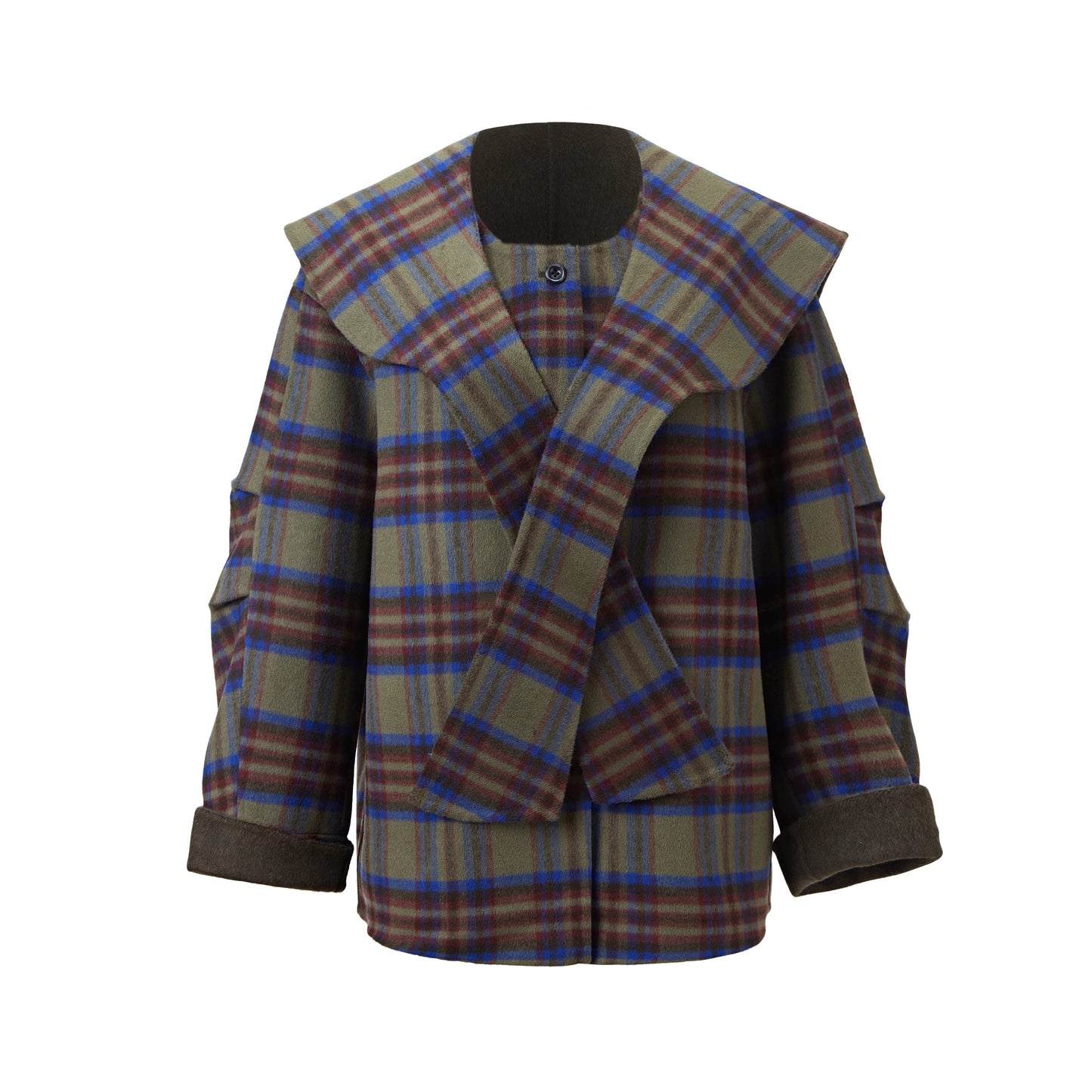 Manteau court à carreaux avec col large et fermeture croisée