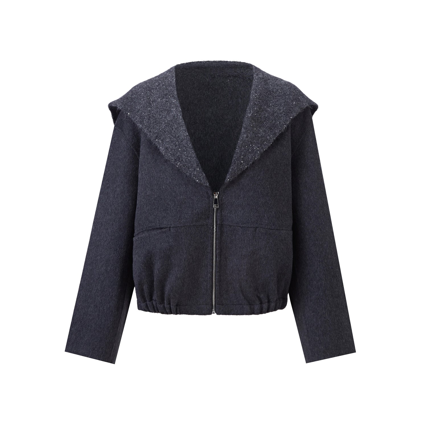 Veste courte noire avec large col et fermeture zippée