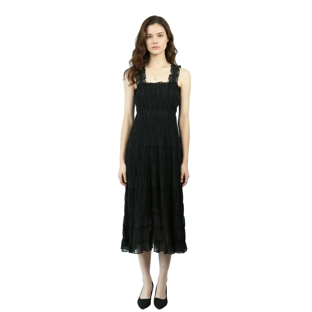 Robe noire midi à bretelles avec plis et volants