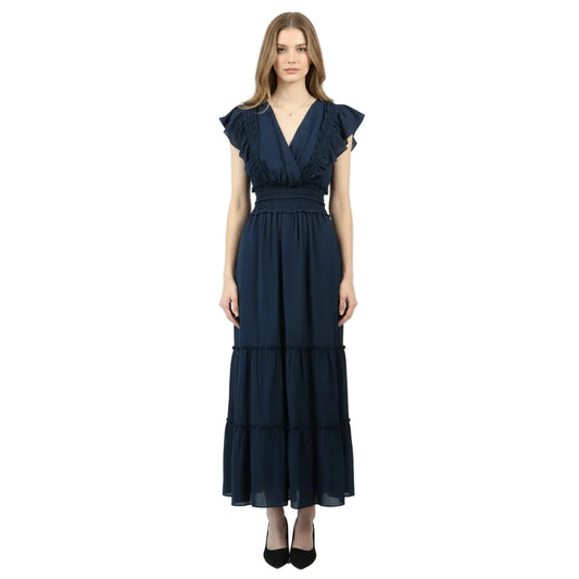 Robe longue bleu marine à volants et taille smockée