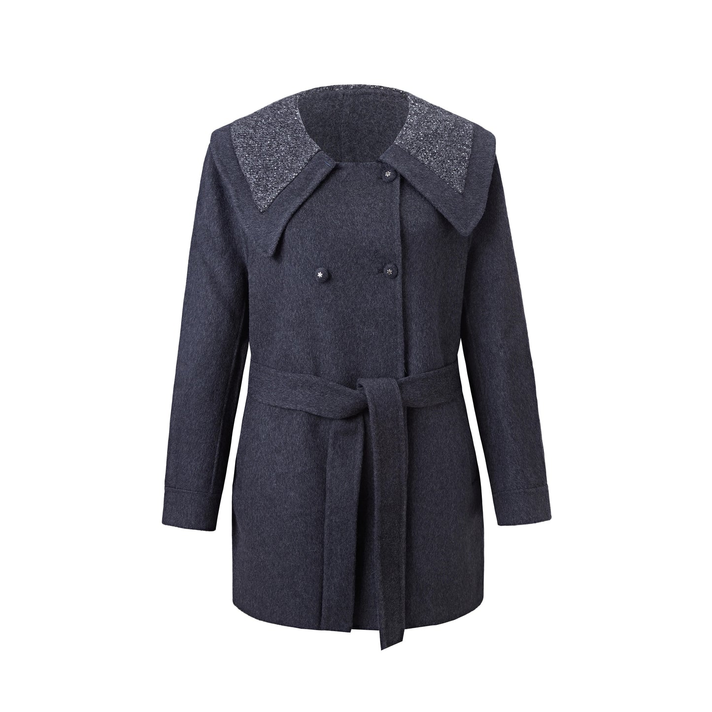 Manteau court gris avec col large et ceinture à nouer