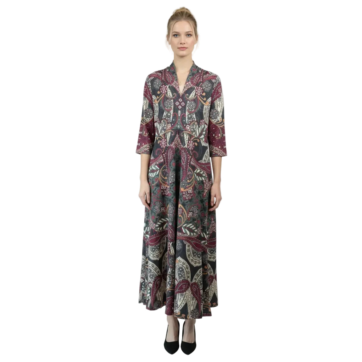 Robe longue imprimée multicolore à manches trois-quarts