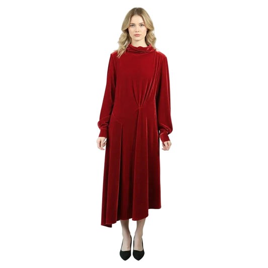 Robe midi rouge à manches longues avec drapé à la taille