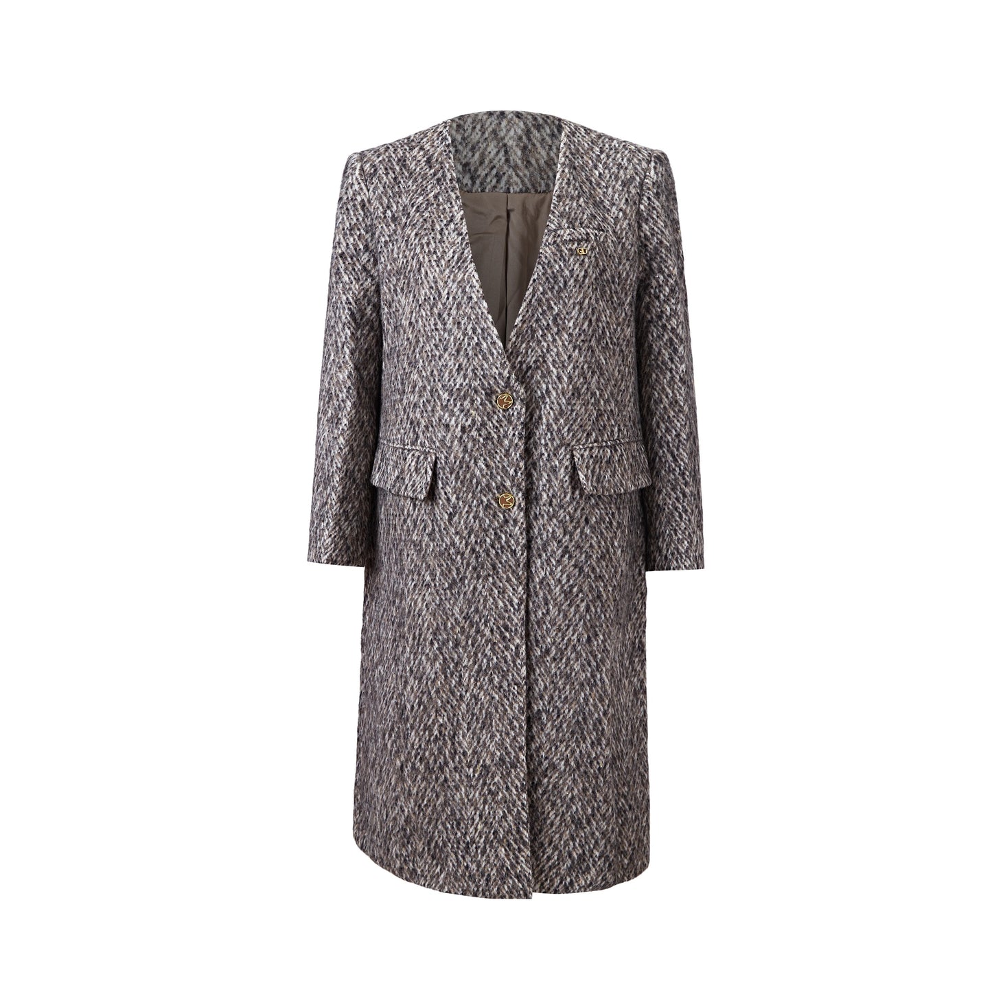 Manteau long imprimé avec col en V et fermeture boutonnée