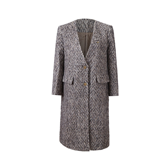 Manteau long imprimé avec col en V et fermeture boutonnée