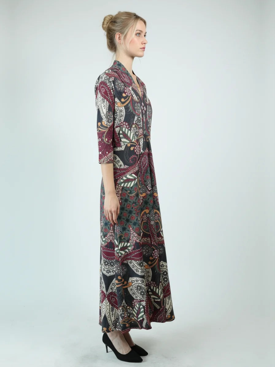 Robe longue imprimée multicolore à manches trois-quarts