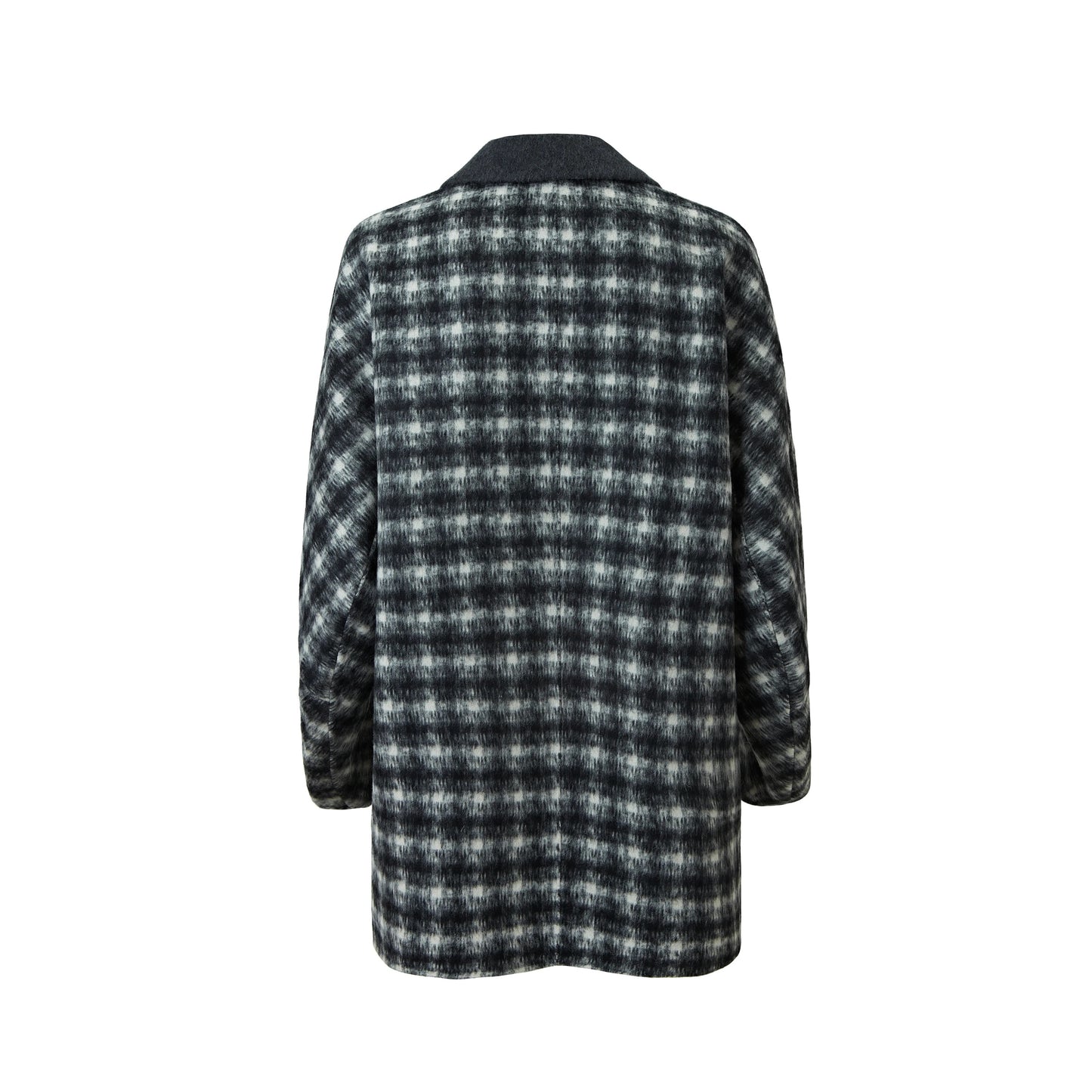Manteau à carreaux noir et gris avec col large croisé
