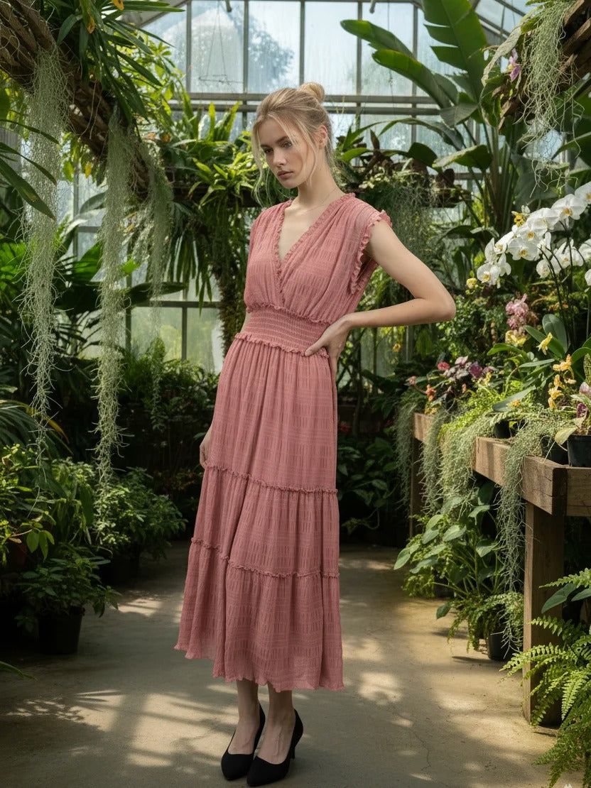 Robe longue rose à taille smockée et jupe à volants