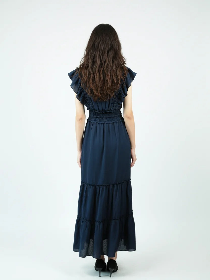 Robe longue bleu marine à volants et taille smockée