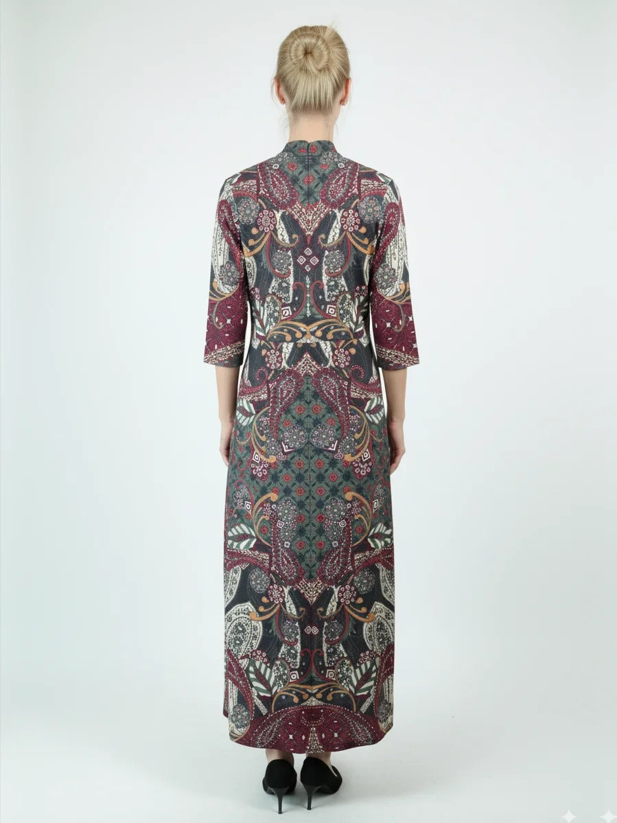 Robe longue imprimée multicolore à manches trois-quarts