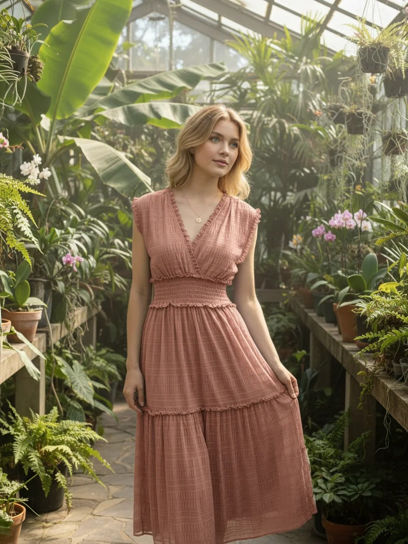 Robe longue rose à taille smockée et jupe à volants
