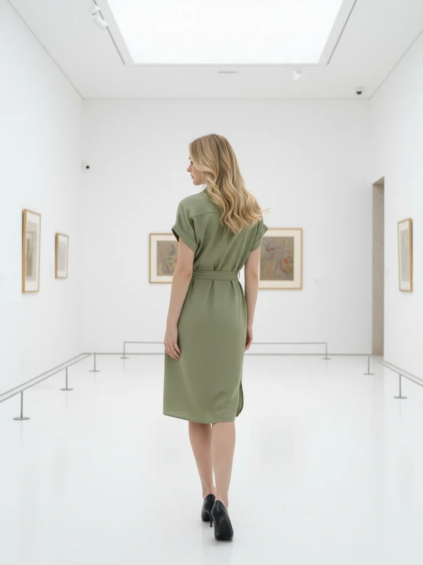 Robe chemise verte midi avec ceinture à nouer