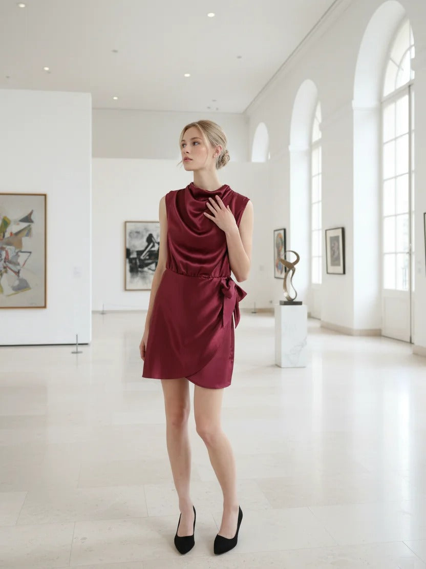 Robe courte bordeaux sans manches avec drapé et lien
